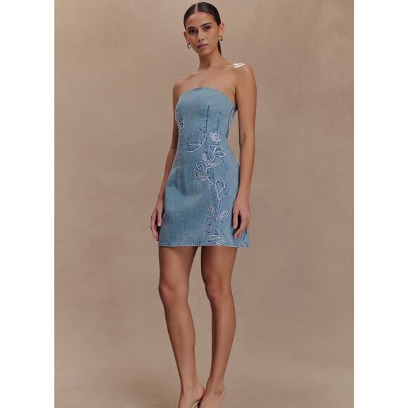 MESHKI Akira Embroidered Denim Mini Dress - M - Picture 4 of 6